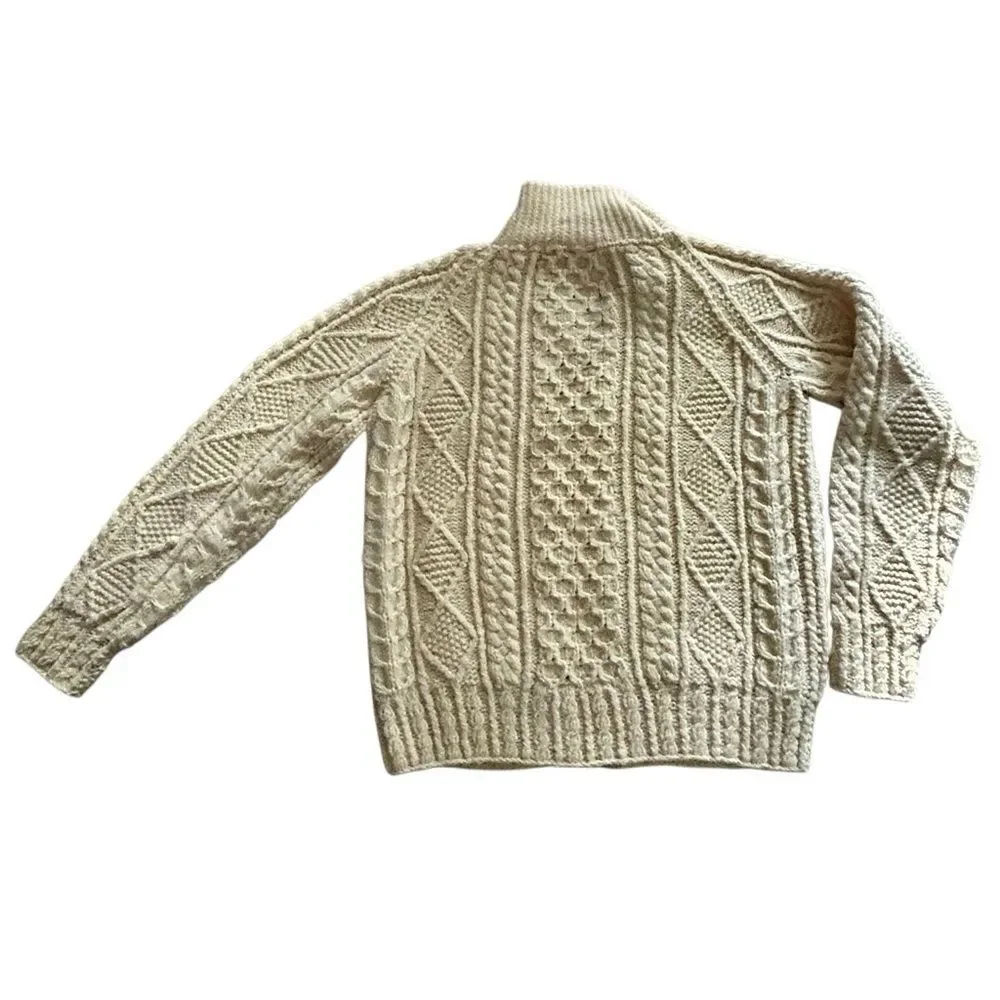 Loch Garman Ireland Fisherman Sweater Ivory Wool cardigan Full Zip L Unisex Aran